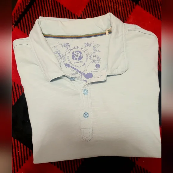 Jimmy Buffet Light Aqua Distressed Margaritaville  Polo Shirt Mens Large. - Picture 9 of 10